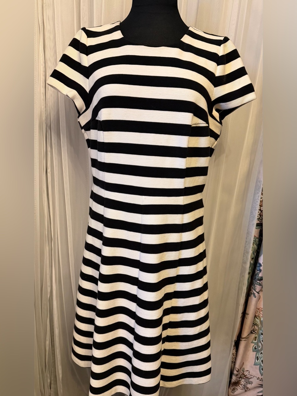 🖤🤍 Boden Black & White Striped Fit & Flare Dress – Size 10